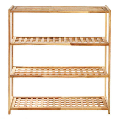 Light brown arla 4 tier walnut wood grid design shoe rack with four slatted shelves for organized storage