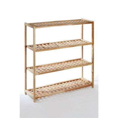 Light brown tier walnut wood shoe rack with four woven shelf tiers in walnut wood grid design for shoes