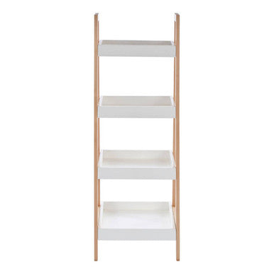 White and birch wood bathroom shelf unit with four rectangular shelves perfect as a wood bathroom shelf