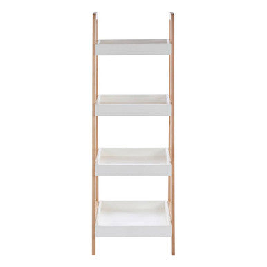 Arla four tier birch wood bathroom shelf unit with white shelves and slender gold wood bathroom shelf frame
