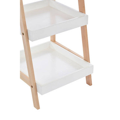White and light birch wood bathroom shelf unit with two tier rectangular trays perfect for wood bathroom shelf use