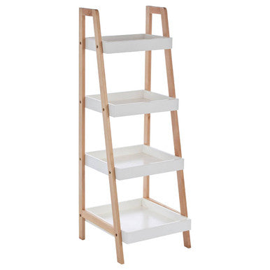 Arla four tier birch wood bathroom shelf unit with light wood frame and white trays wood bathroom shelf
