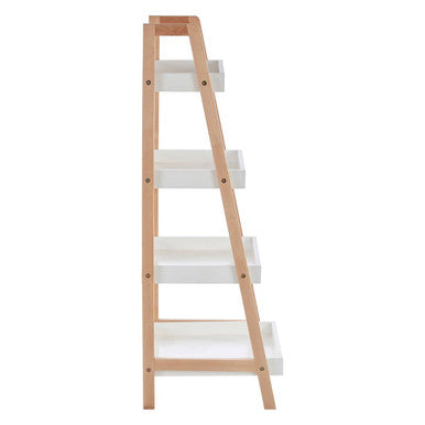 Arla four tier birch wood bathroom shelf unit with light wood ladder frame and four white trays wood bathroom shelf