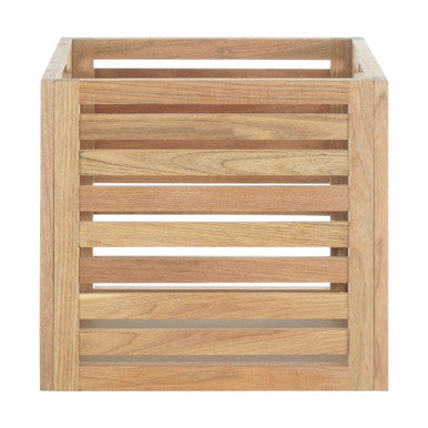 Light brown small walnut wood storage box with horizontal slats and open top for versatile wood storage