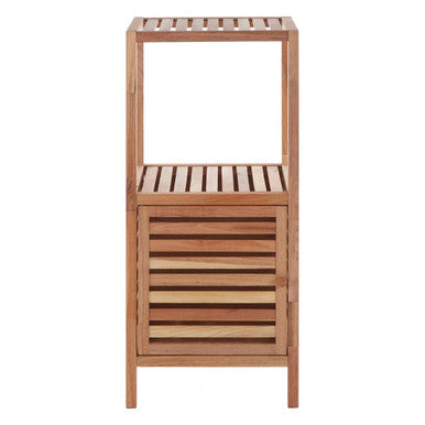 Arla two tier walnut wood bathroom shelf unit with light brown slatted shelves and a louvered door storage unit
