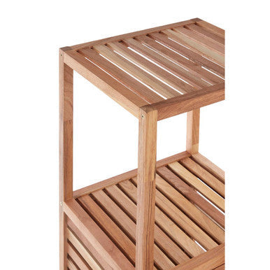 Arla two tier walnut wood bathroom shelf unit with light brown wooden slatted shelves for bathroom storage
