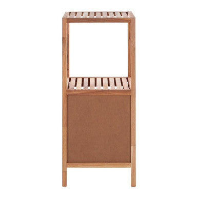 Arla two tier walnut wood bathroom shelf unit with light brown two slatted shelves and solid lower panel bathroom shelf unit