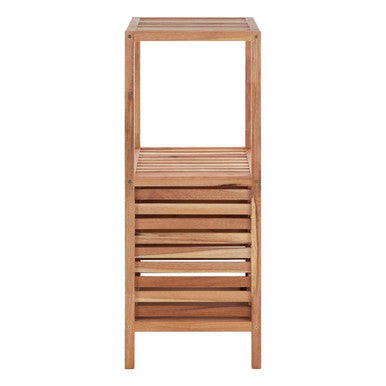 Arla two tier walnut wood bathroom shelf unit with natural light brown finish and slatted design for bathroom use