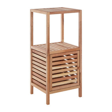 Arla two tier walnut wood bathroom shelf unit with light brown slatted wooden side panels and sturdy shelf unit design