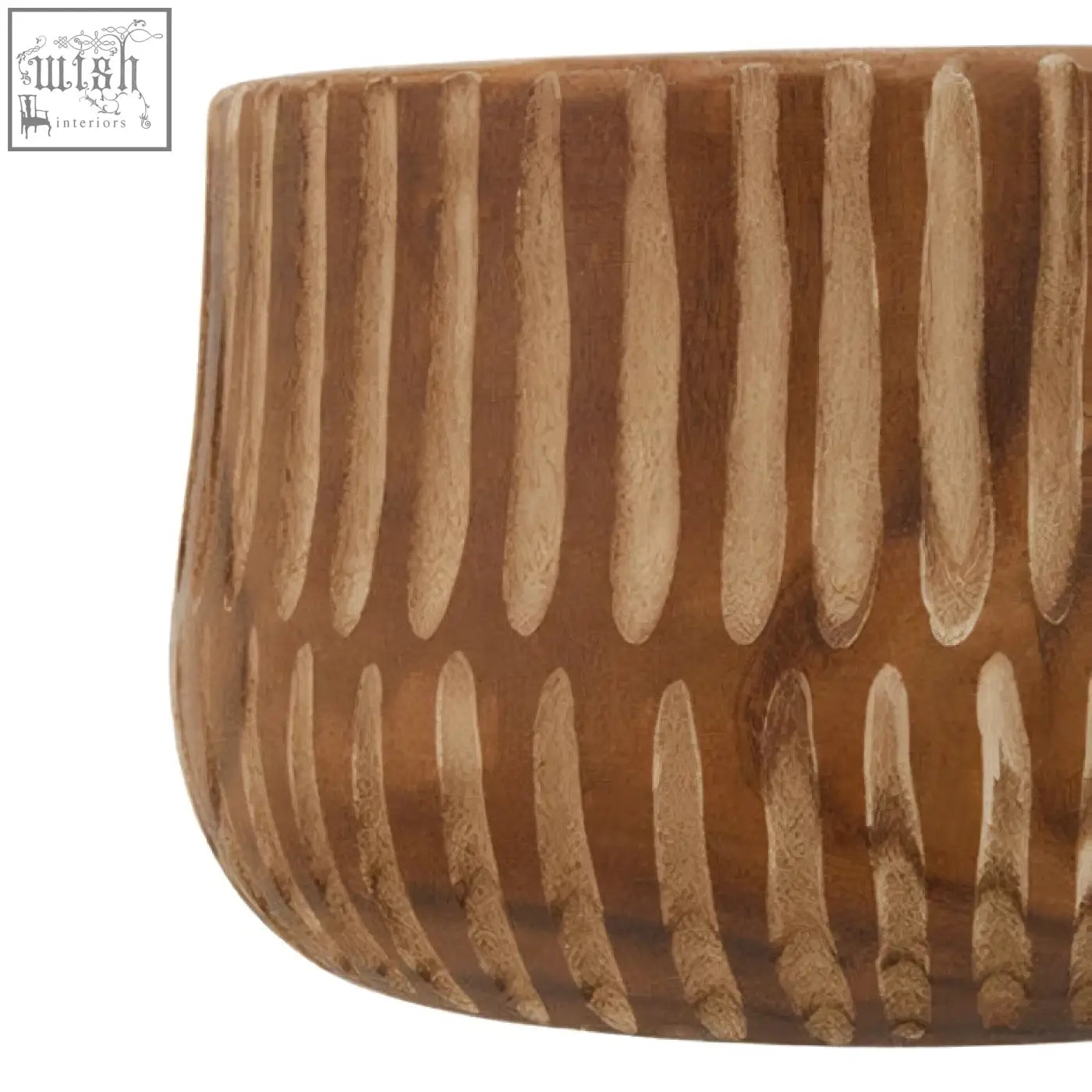 Brown wooden planter bowl with vertical grooves part of arlo large wooden planter collection
