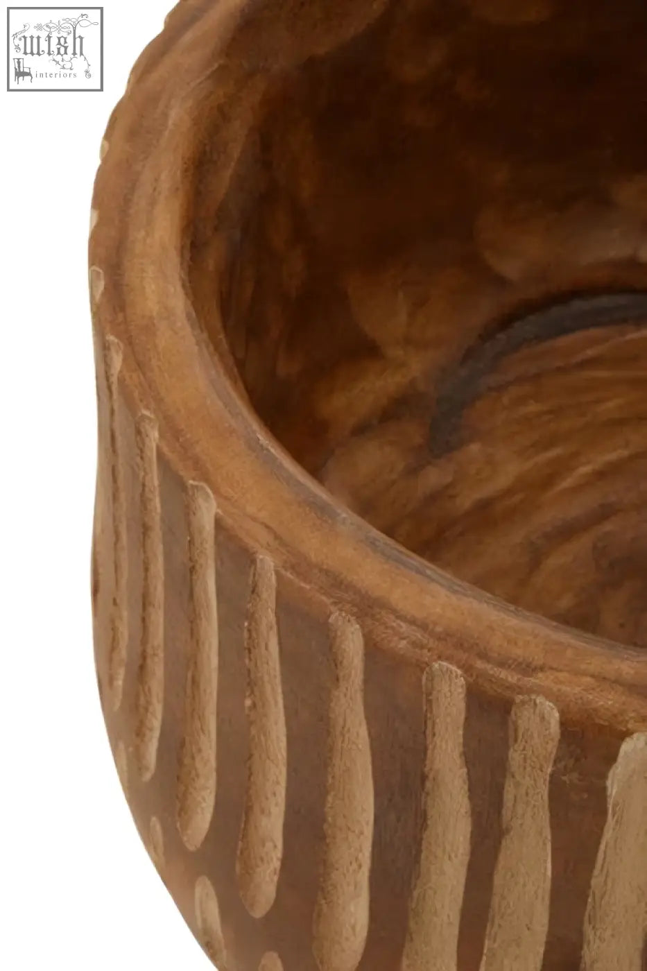 Aro large wooden planter in brown with natural rustic hand carved vertical ridges perfect for outdoor use