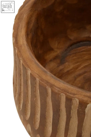 Aro large wooden planter in brown with natural rustic hand carved vertical ridges perfect for outdoor use
