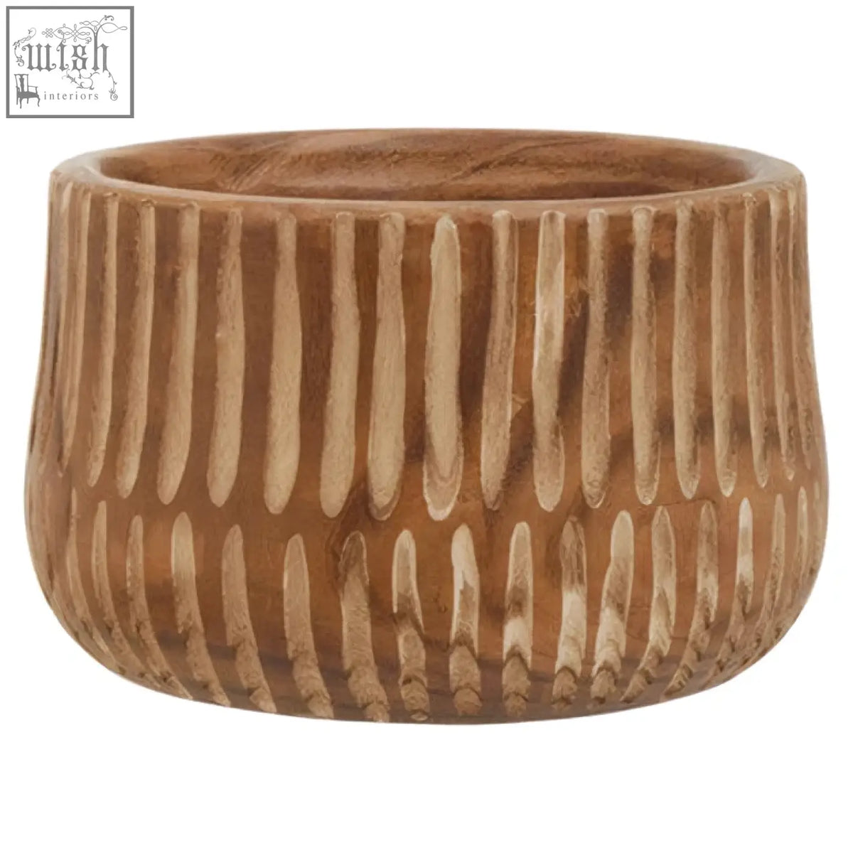 A rustic arlo large wooden planter with vertical ridges and a warm natural brown finish