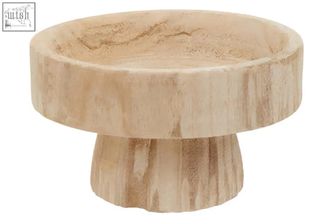 Light-colored wooden knob with natural rustic finish and grain patterns on arlo natural engraved round bowl