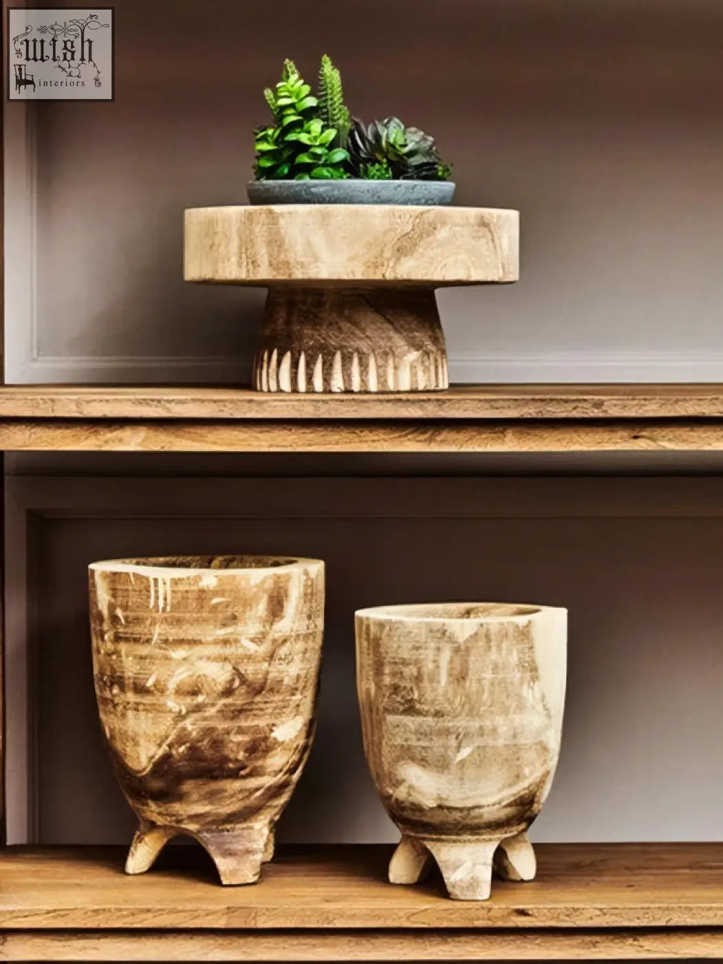 Hand carved wooden pedestal with natural finish and three feet for arlo natural engraved round bowl display