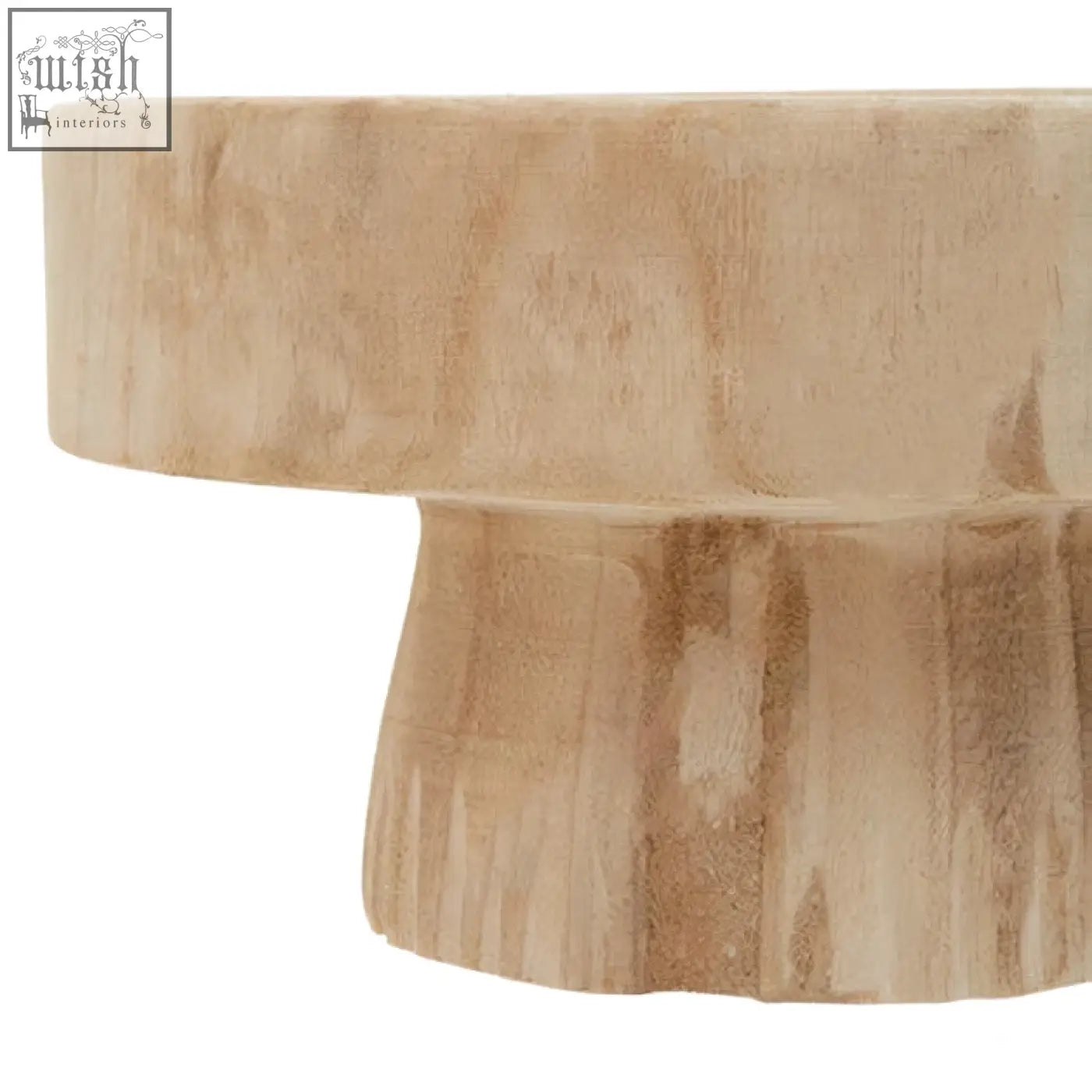 Arlo natural engraved round bowl with rustic light beige wood grain finish and fluted base cake stand