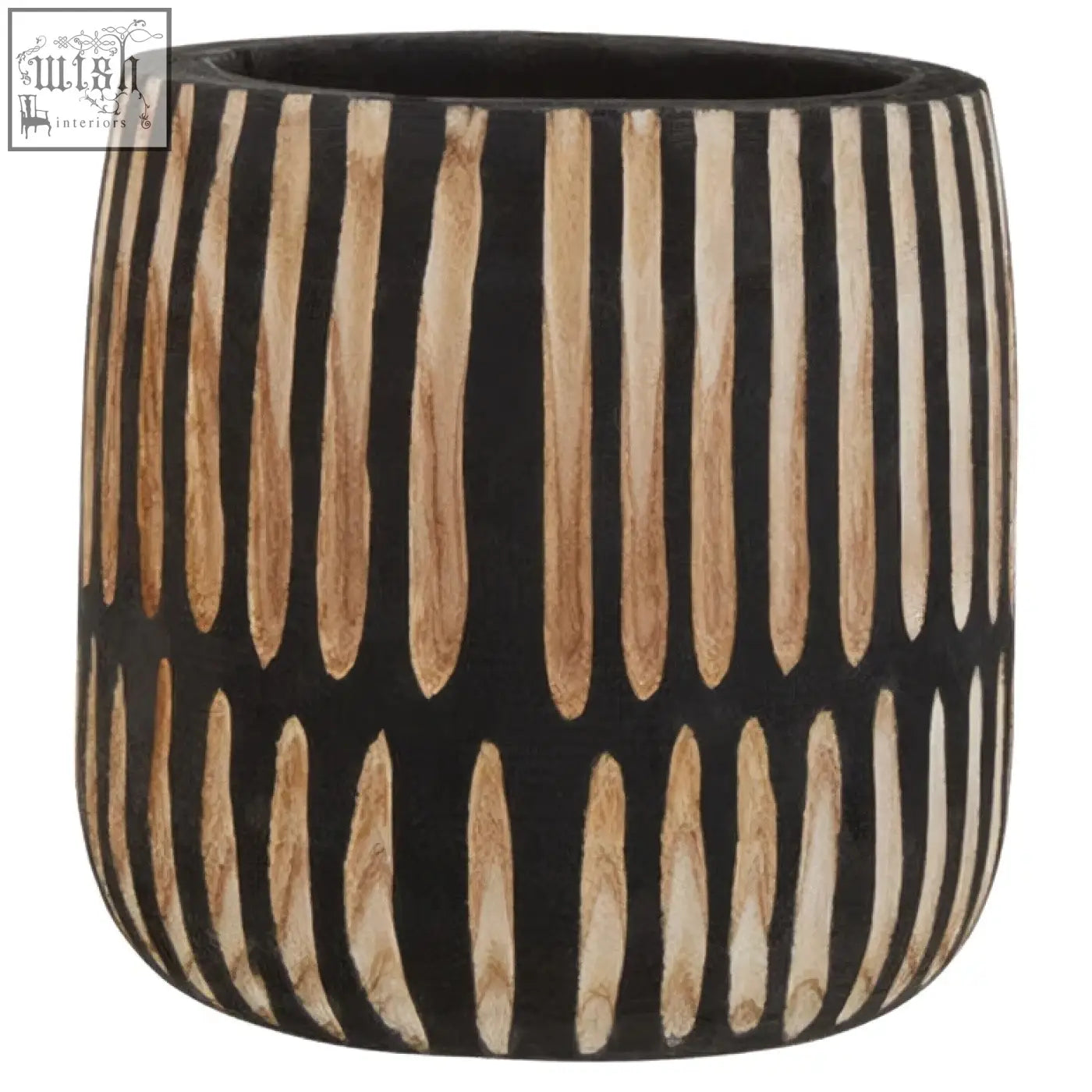 Small engraved natural black ceramic planter with vertical beige wood grain stripes for indoor use