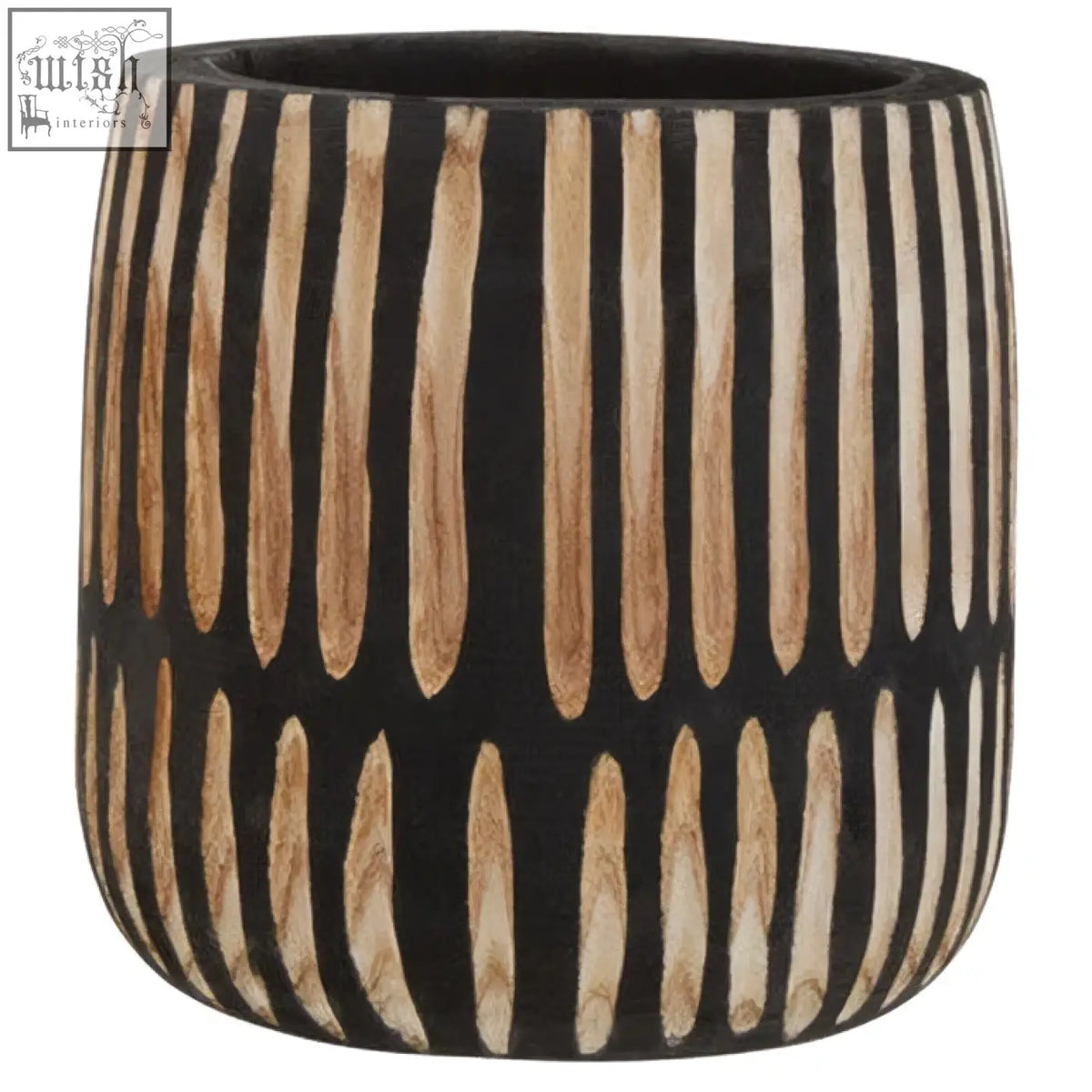 Small engraved natural black ceramic planter with vertical beige wood grain stripes for indoor use