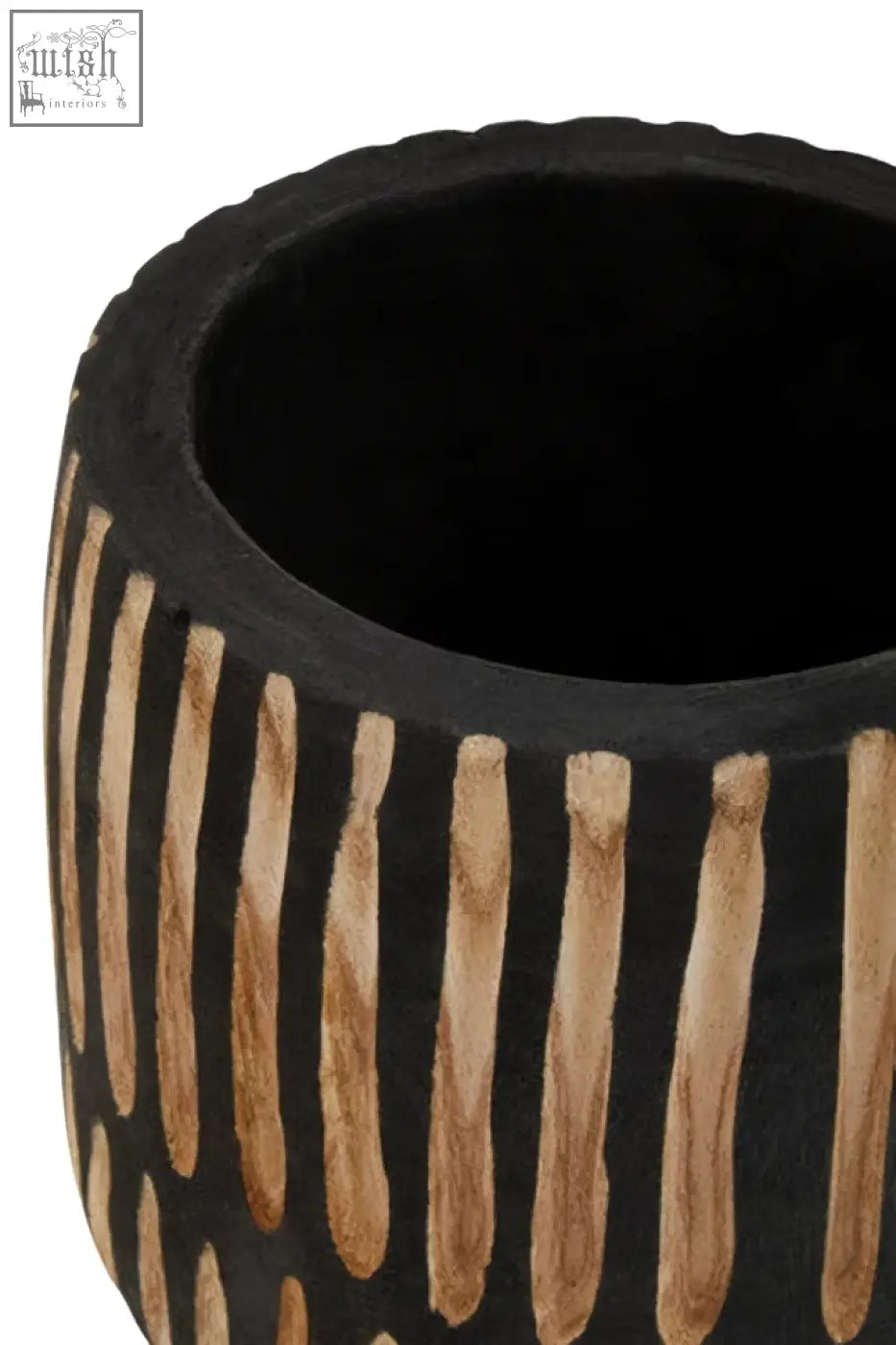 Black ceramic arlo small engraved natural and black planter with vertical tan stripes for indoor use
