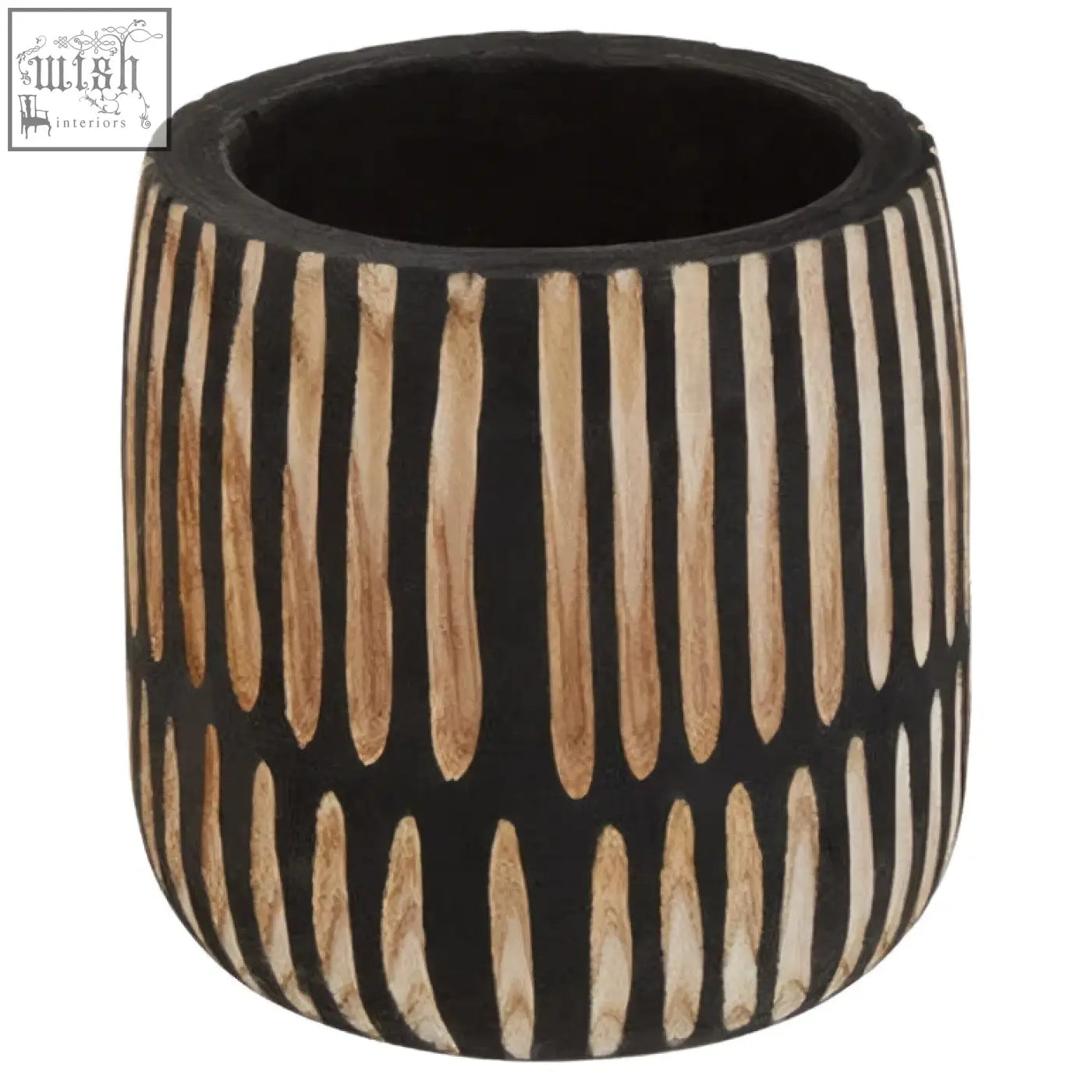 Small engraved natural black cylindrical planter with vertical wood grain stripes for indoor plants