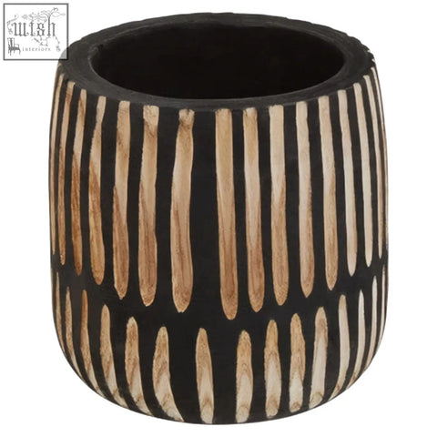 Small engraved natural black cylindrical planter with vertical wood grain stripes for indoor plants