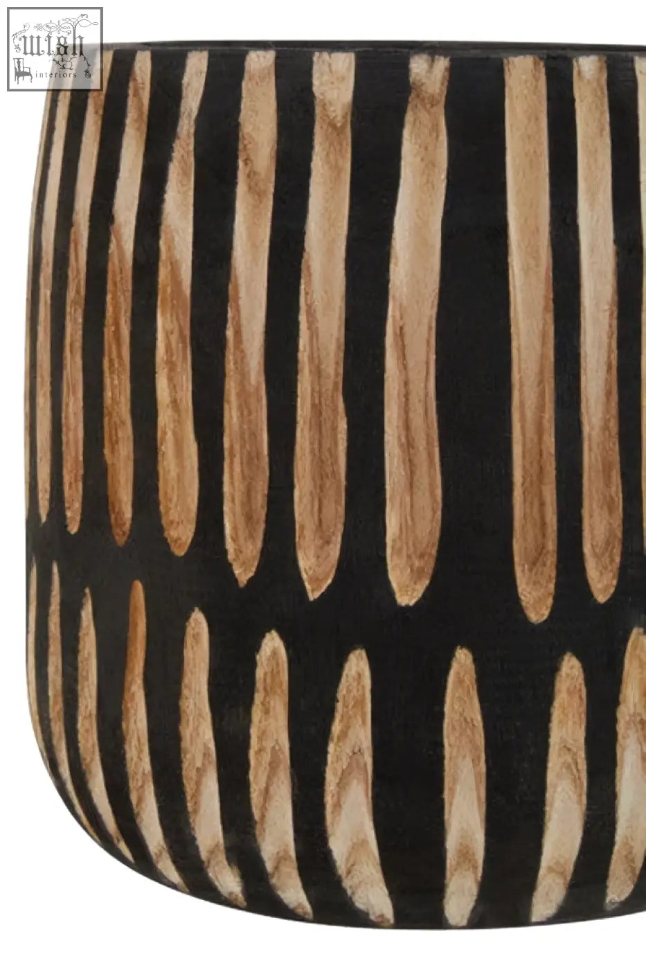 Black ceramic small engraved natural planter with vertical wood-grain stripes perfect for indoor plants