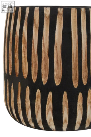 Black ceramic small engraved natural planter with vertical wood-grain stripes perfect for indoor plants