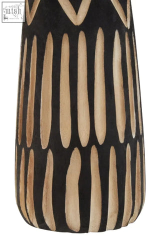 Black small engraved wooden vase with beige vertical stripes and geometric patterns for stylish decor