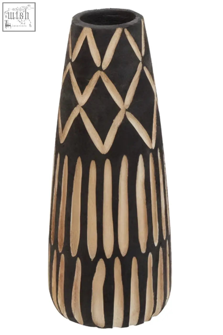 Black small engraved wooden vase with beige geometric and vertical stripe patterns for decorative use