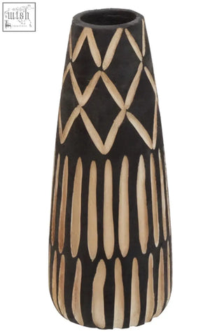Black small engraved wooden vase with beige geometric and vertical stripe patterns for decorative use