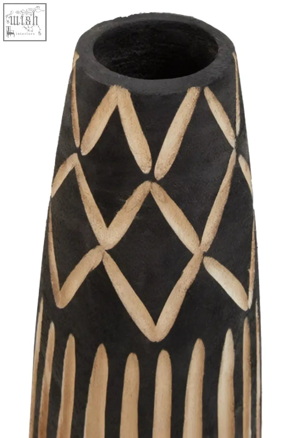 Black small engraved wooden vase with beige geometric diamond and stripe pattern for stylish decor