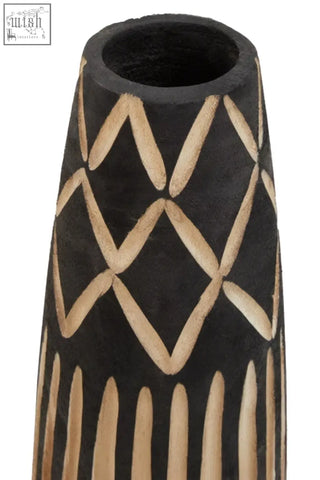 Black small engraved wooden vase with beige geometric diamond and stripe pattern for stylish decor