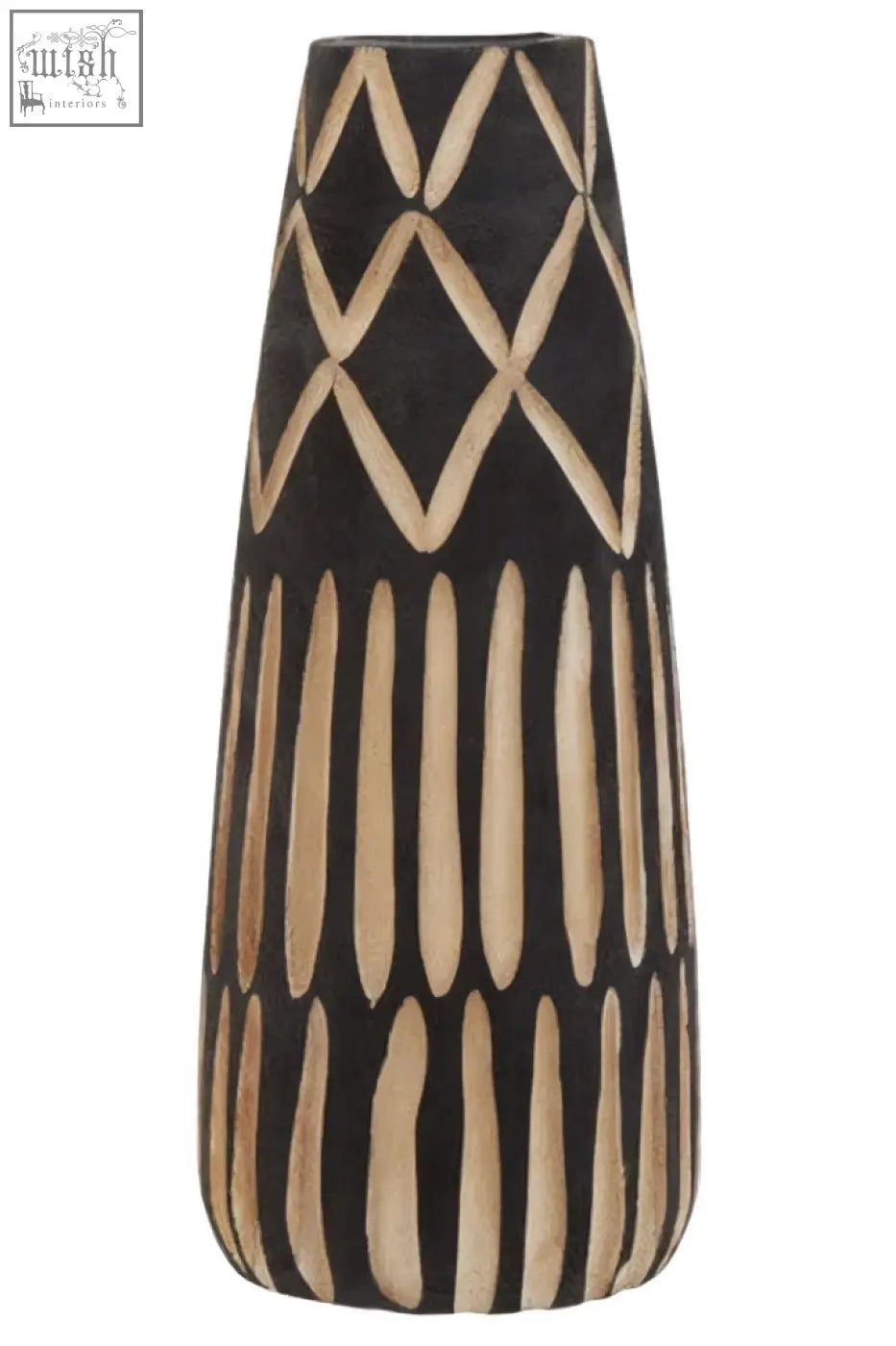 Black small engraved wooden vase with beige geometric and vertical stripe patterns perfect for decor