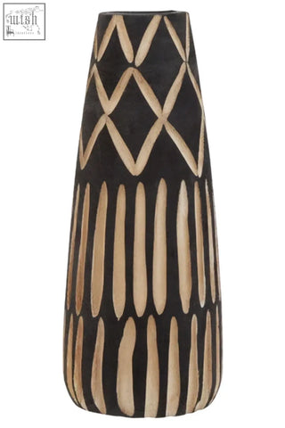 Black small engraved wooden vase with beige geometric and vertical stripe patterns perfect for decor