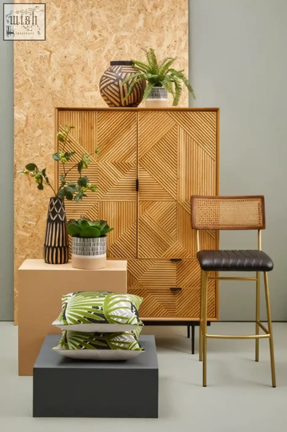 Small engraved wooden woven bamboo cabinet with geometric pattern and two doors for stylish storage