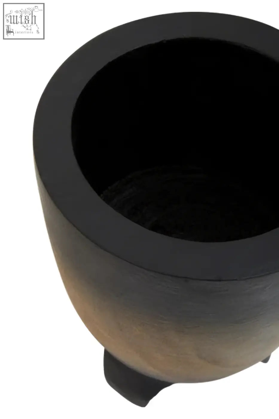 Black ceramic mortar with a smooth rounded body and three short feet featured as arlo small ombre planter