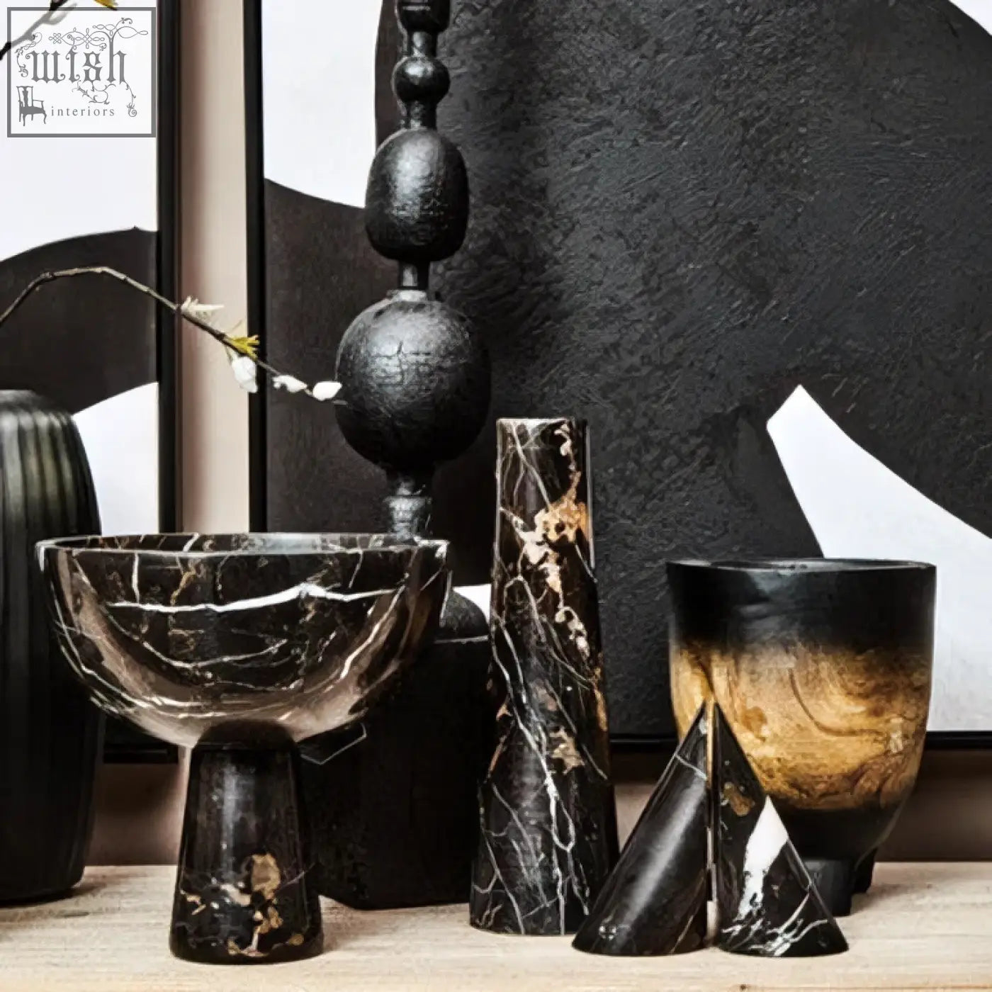 Arlo small wooden black ombre planter with glossy black marble bowl and elegant curved design small ombre planter