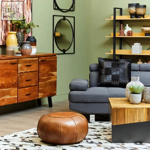 Brown leather pouf next to arlo small wooden black ombre planter perfect small ombre planter combo