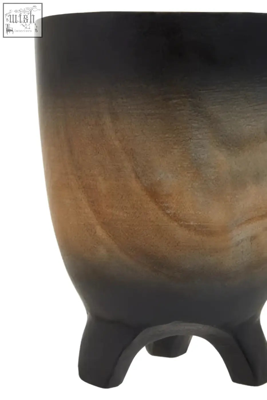 A sleek arlo small wooden black ombre planter with gradient brown ceramic finish and three sturdy black feet