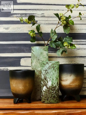 Three ceramic vases with earthy ombre planter gradient finish featured in the arlo small wooden black ombre planter design