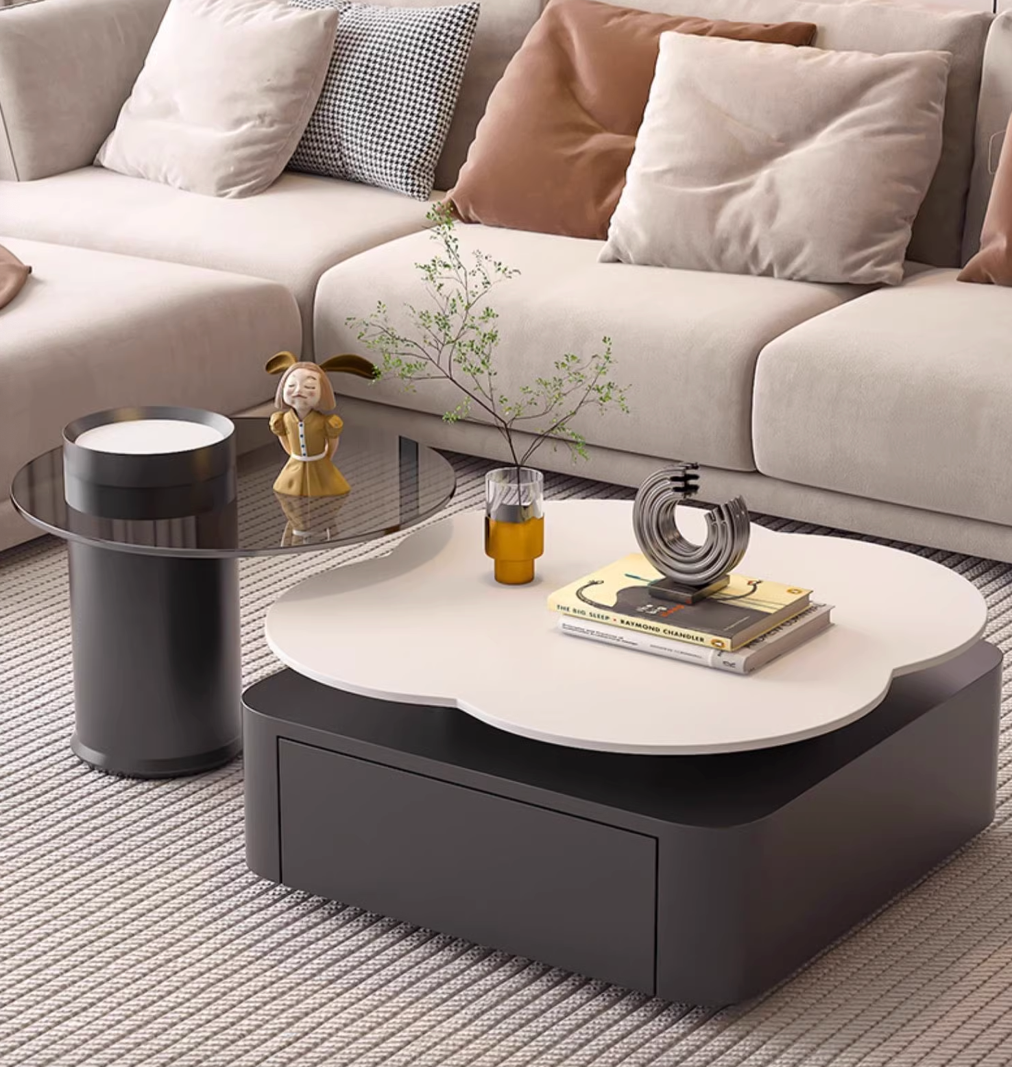 Modern aroma flower nesting coffee table with white cloud-shaped top dark gray base and sleek storage drawer