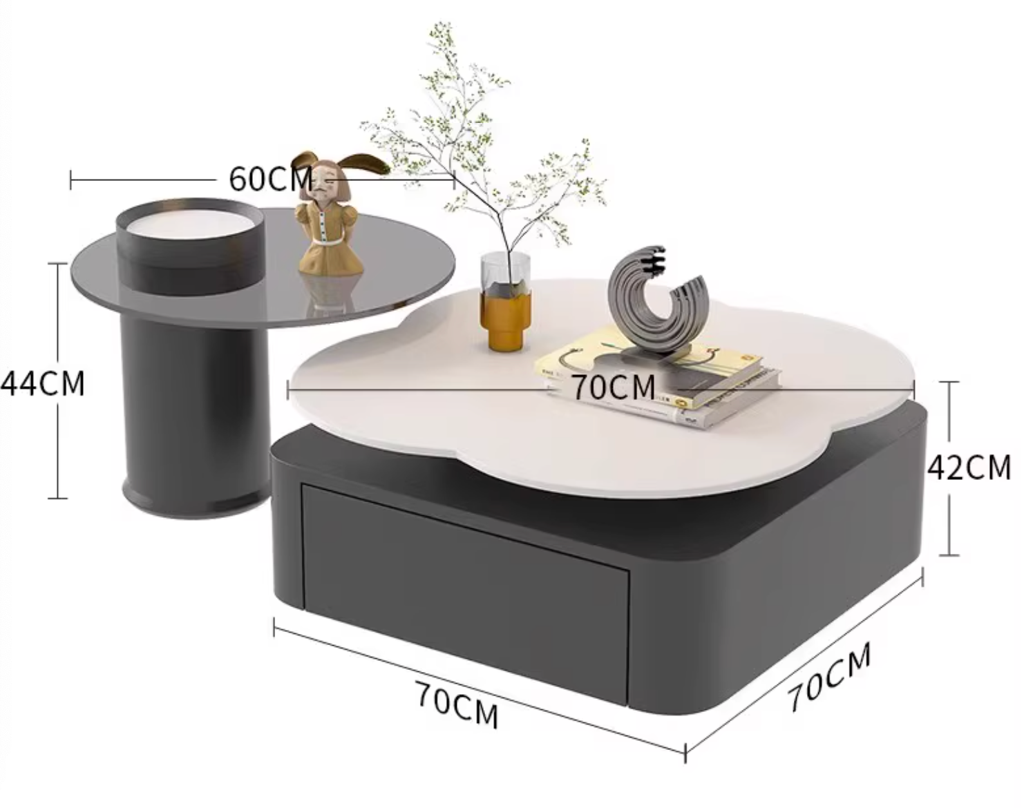 Modern aroma flower nesting coffee table with white cloud shaped top black base and drawer for storage