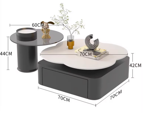 Modern aroma flower nesting coffee table with white cloud shaped top black base and drawer for storage
