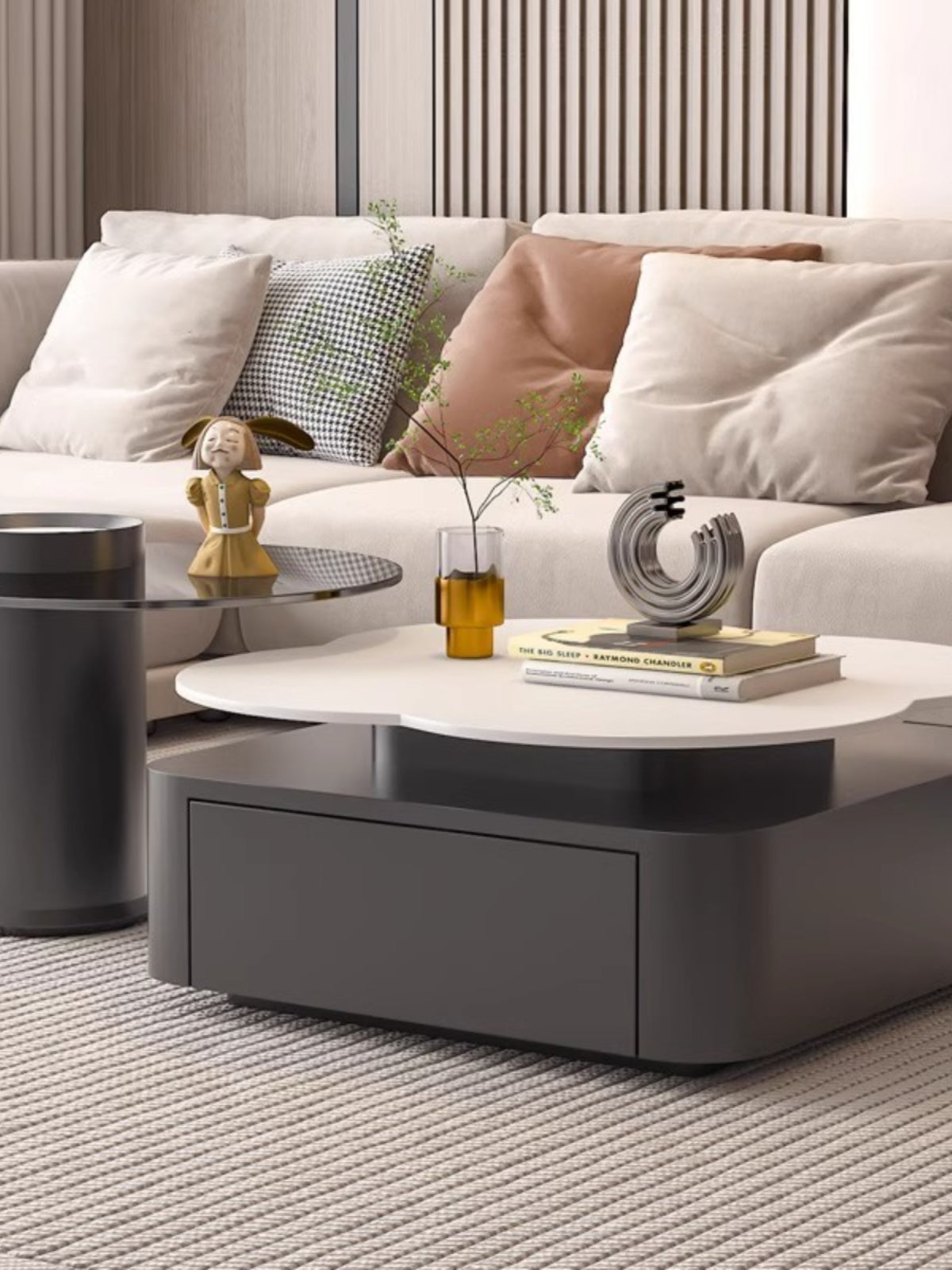 Modern gray aroma flower nesting coffee table with a white cloud shaped top and sleek minimalist design