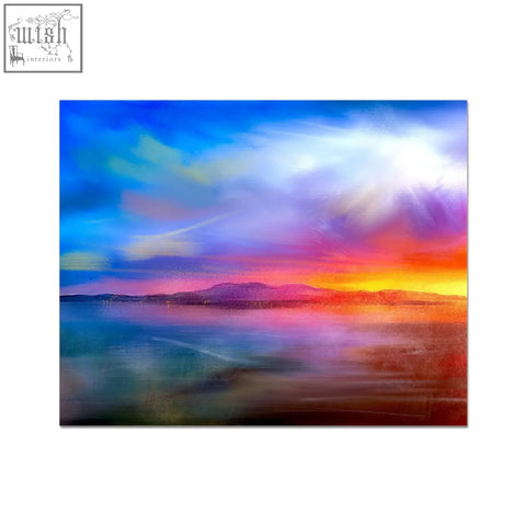 Vibrant arran sunset artist proof fine art print with deep blue purple and fiery orange gradient sky over calm waters