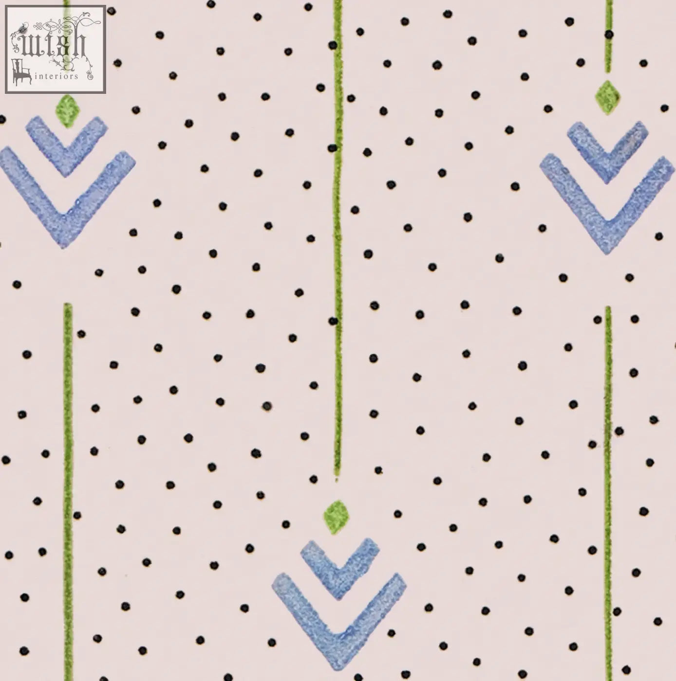 Beige arrows of love wallpaper with archive print featuring blue chevrons green lines and black polka dots pattern