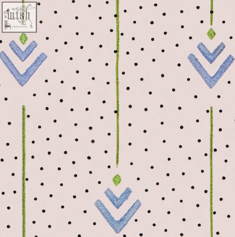 Beige arrows of love wallpaper with archive print featuring blue chevrons green lines and black polka dots pattern
