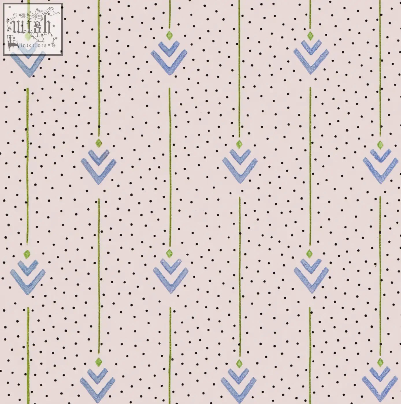 Beige wallpaper with blue and green geometric arrows hanging from dotted lines archive print arrows of love in ciel