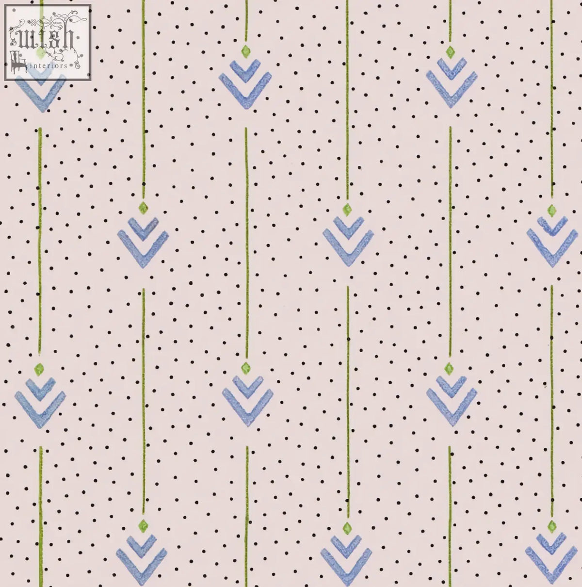 Beige wallpaper with blue and green geometric arrows hanging from dotted lines archive print arrows of love in ciel