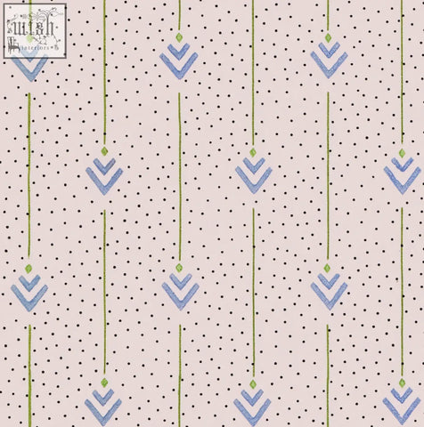Beige wallpaper with blue and green geometric arrows hanging from dotted lines archive print arrows of love in ciel